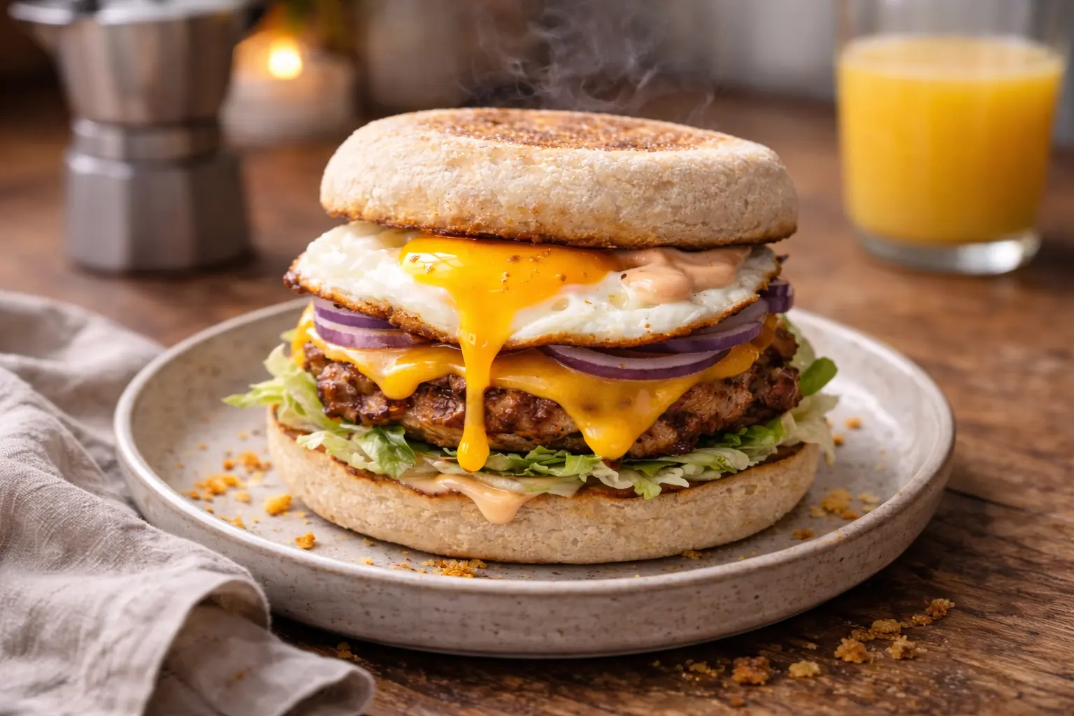 Smash Style Sausage Breakfast Muffin with Runny Egg and Cheese