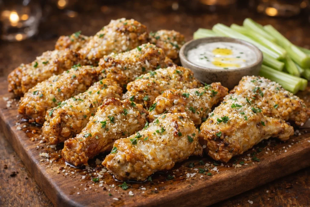 Close-up of crispy garlic butter Parmesan chicken wings sprinkled with grated cheese and parsley, served on a rustic wooden board with ranch dipping sauce and celery sticks.
