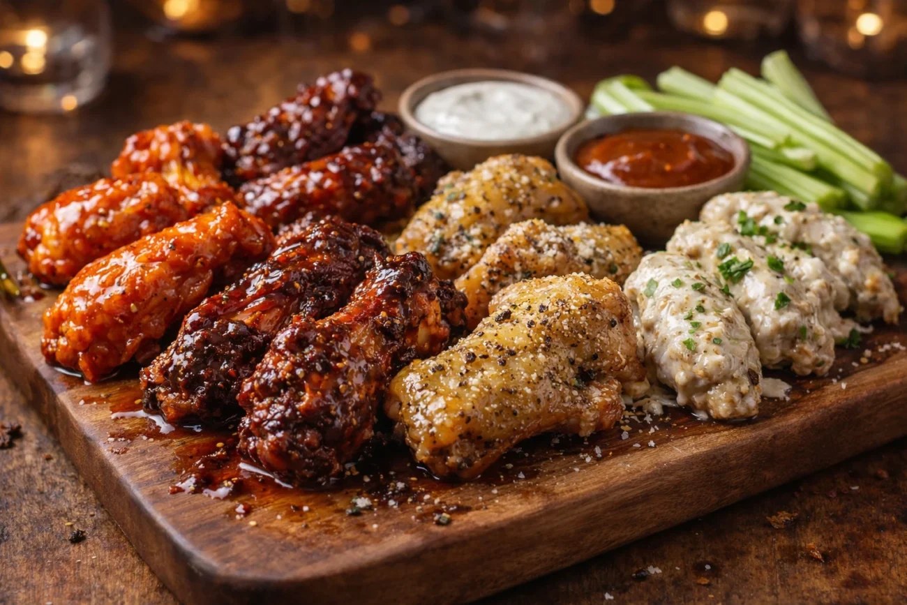 Close-up professional food photo of a rustic wooden board arranged with five flavors of chicken wings — Buffalo, smoky BBQ, Lemon Pepper, Garlic Parmesan, and creamy Ranch — served with celery sticks and dipping sauces on a warm, restaurant-style background.