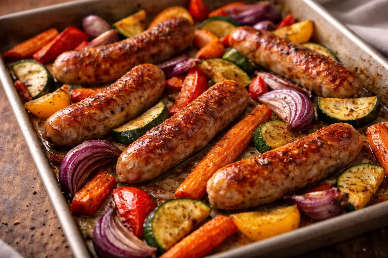 Close-up of golden roasted sausages with carrots, bell peppers, zucchini and red onions on a sheet pan, lightly caramelized and seasoned, fresh out of the oven.