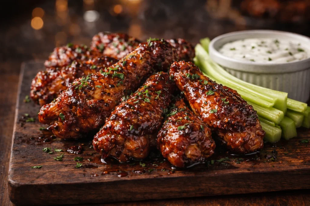 Close-up of BBQ smoky chicken wings coated in glossy deep mahogany barbecue sauce with charred edges, parsley garnish, celery sticks, and dipping sauce on a rustic wooden board.