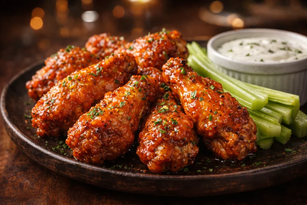 Close-up of crispy Hot Buffalo chicken wings coated in glossy red-orange tangy Buffalo sauce with celery sticks and ranch dressing on a rustic plate.