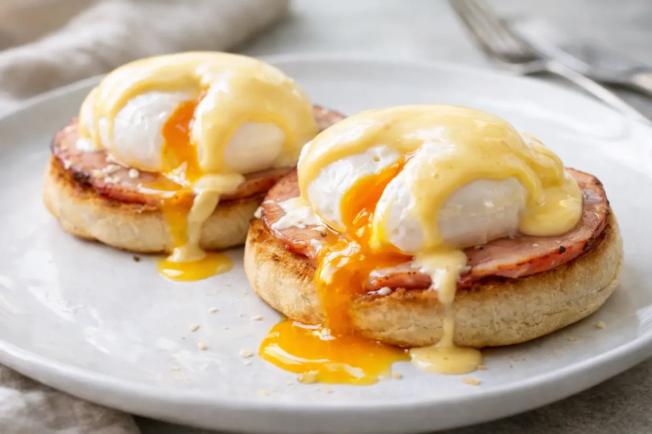 Classic Eggs Benedict served on a white plate with toasted English muffins, Canadian bacon, poached eggs, and creamy hollandaise sauce dripping over runny yolks in natural light.