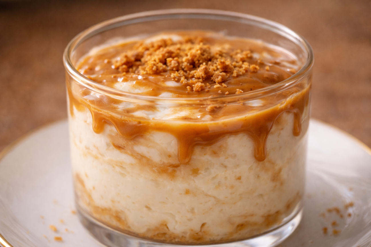 No-bake Biscoff cheesecake in a clear glass cup with creamy yogurt-style texture and swirls of melted Biscoff spread