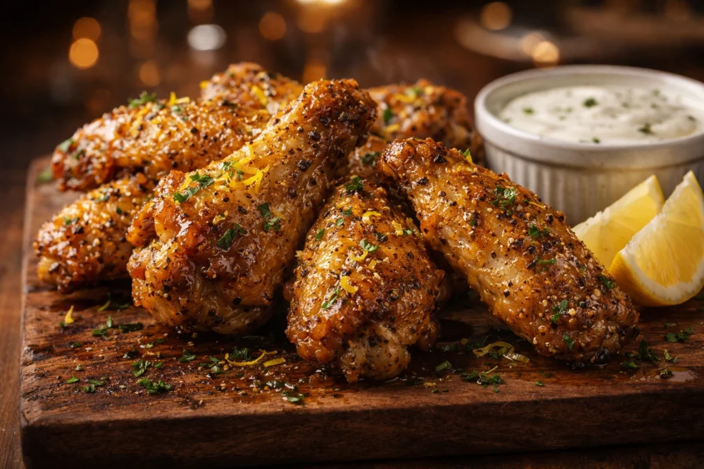 Close-up photo of crispy lemon pepper chicken wings coated in buttery lemon-pepper seasoning, garnished with parsley and lemon zest, served with lemon wedges and ranch dipping sauce on a rustic board.