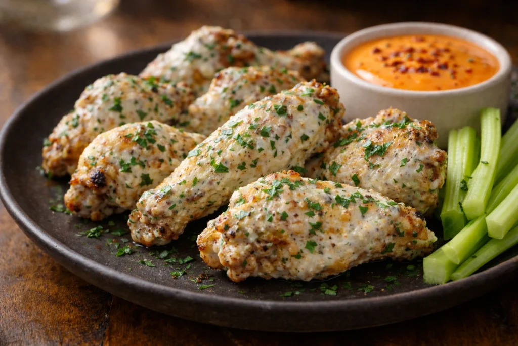 Close-up of creamy ranch chicken wings coated in thick herb-speckled ranch sauce with crispy edges, garnished with fresh herbs and served with celery and ranch dip on a rustic plate. homemade chicken wings.
