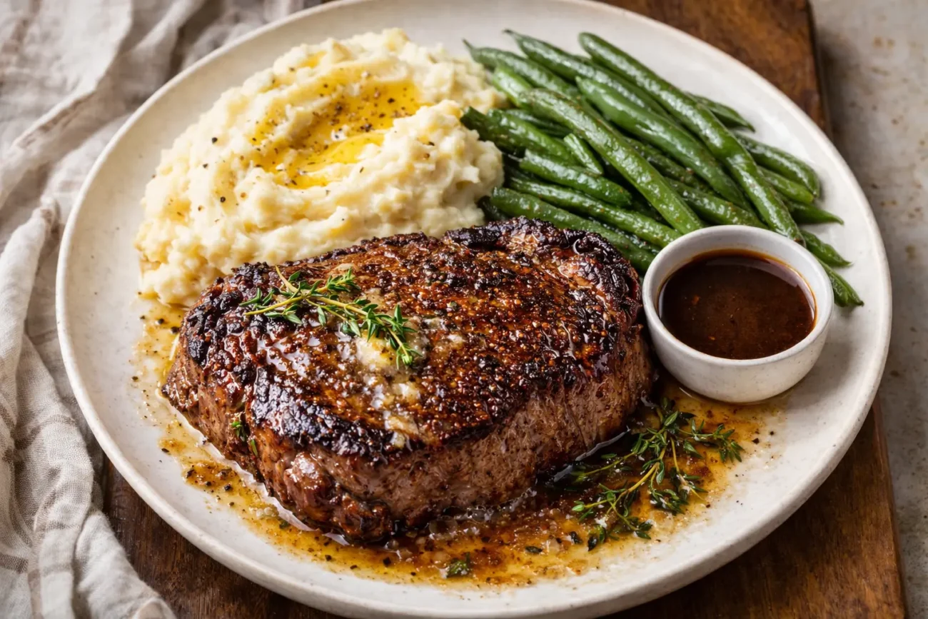 Top-down view of a butter thyme basted steak on a white plate with mashed potatoes, green beans, and a small cup of steak sauce in warm natural light.
