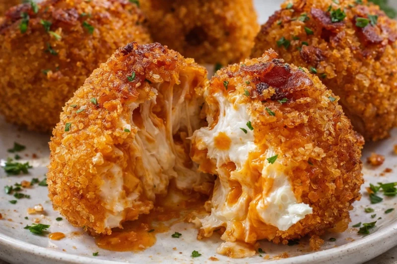 Close-up of crispy buffalo chicken bombs with golden breadcrumb coating, topped with yellow cheese sauce and filled with shredded buffalo chicken and melted mozzarella on a ceramic plate.