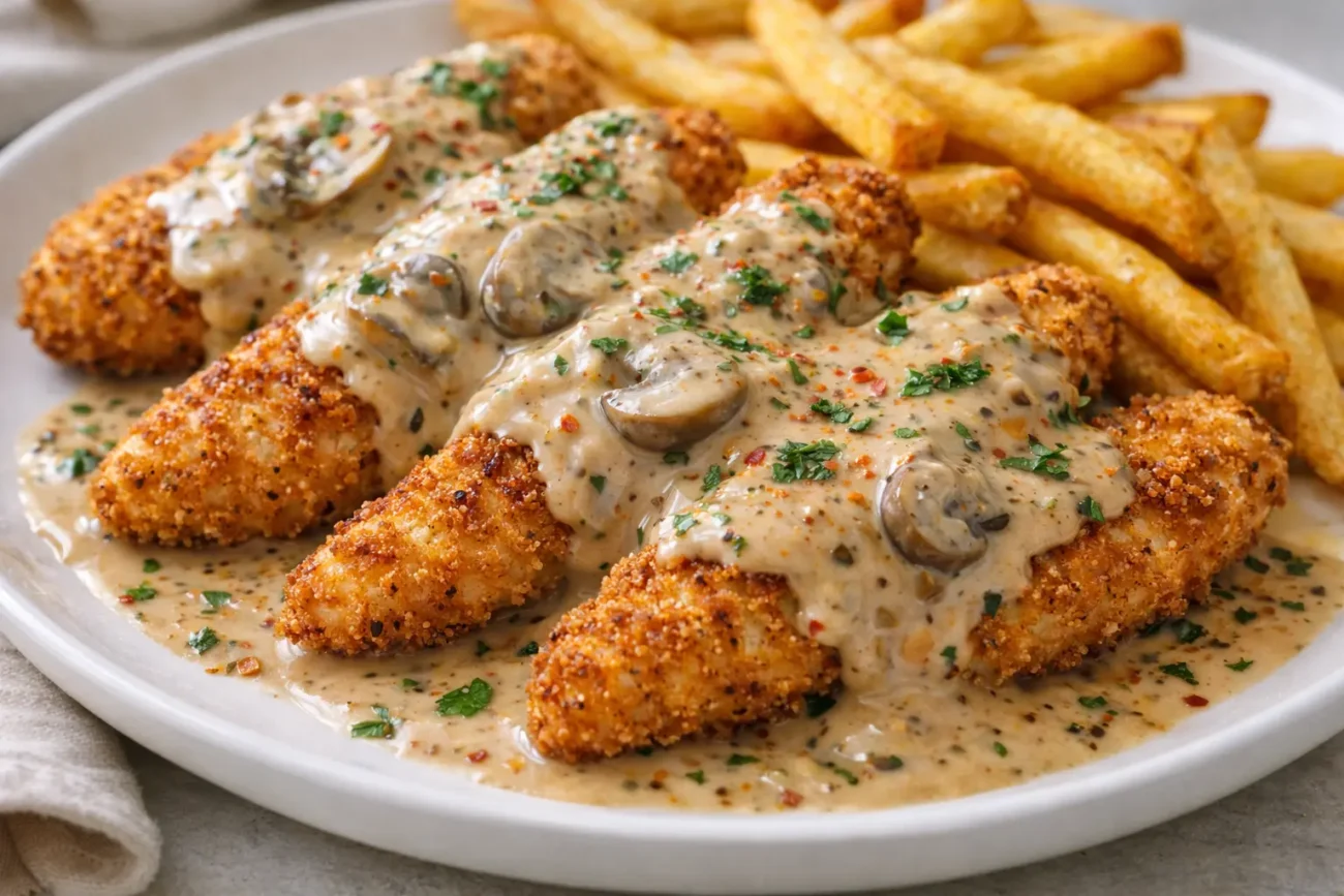Air fryer crispy chicken strips topped with creamy mushroom sauce, served with golden French fries on a white plate.