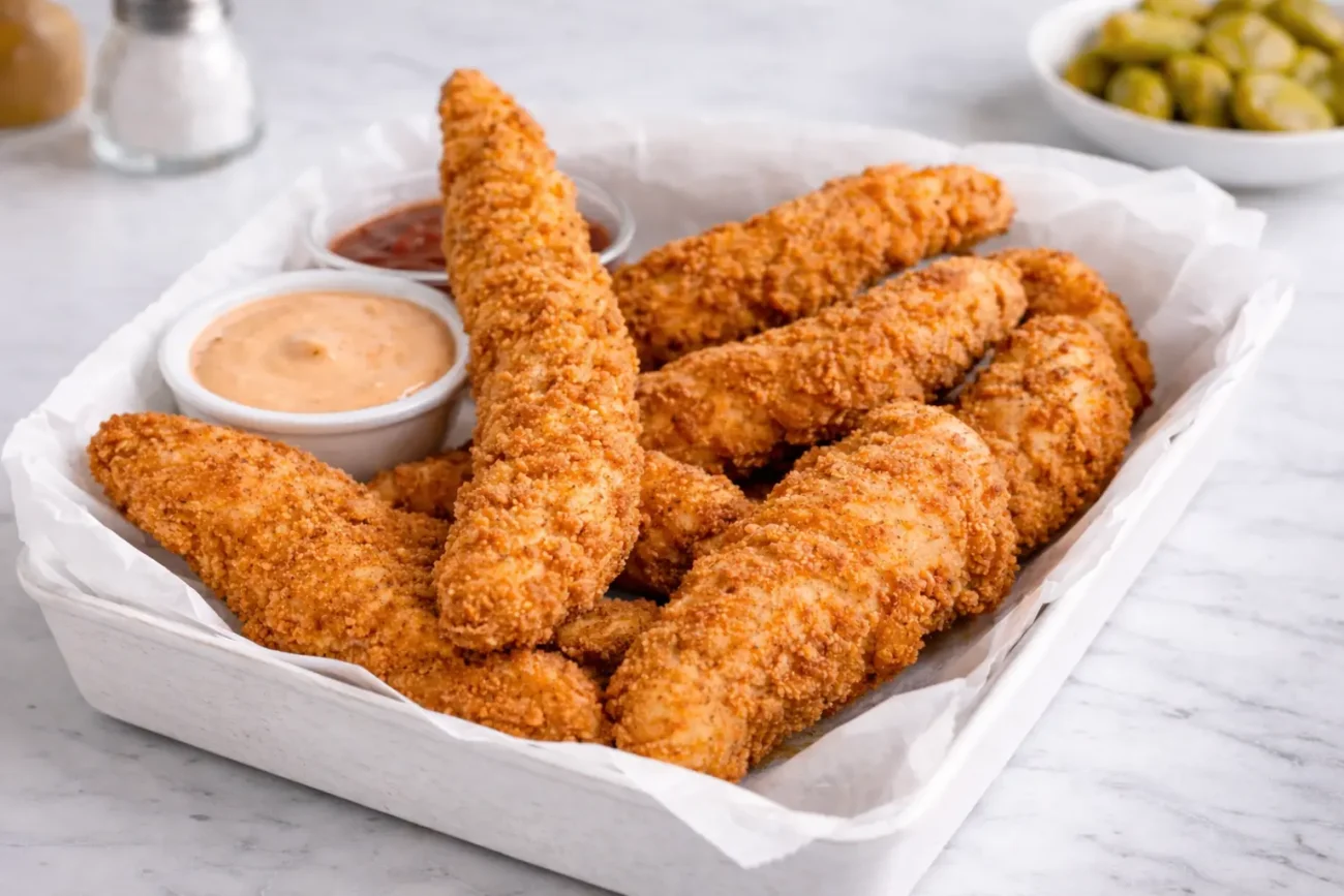 Crispy breaded chicken tenders arranged in a tray with creamy dipping sauces, featuring uneven flour-and-breadcrumb coating and golden texture.