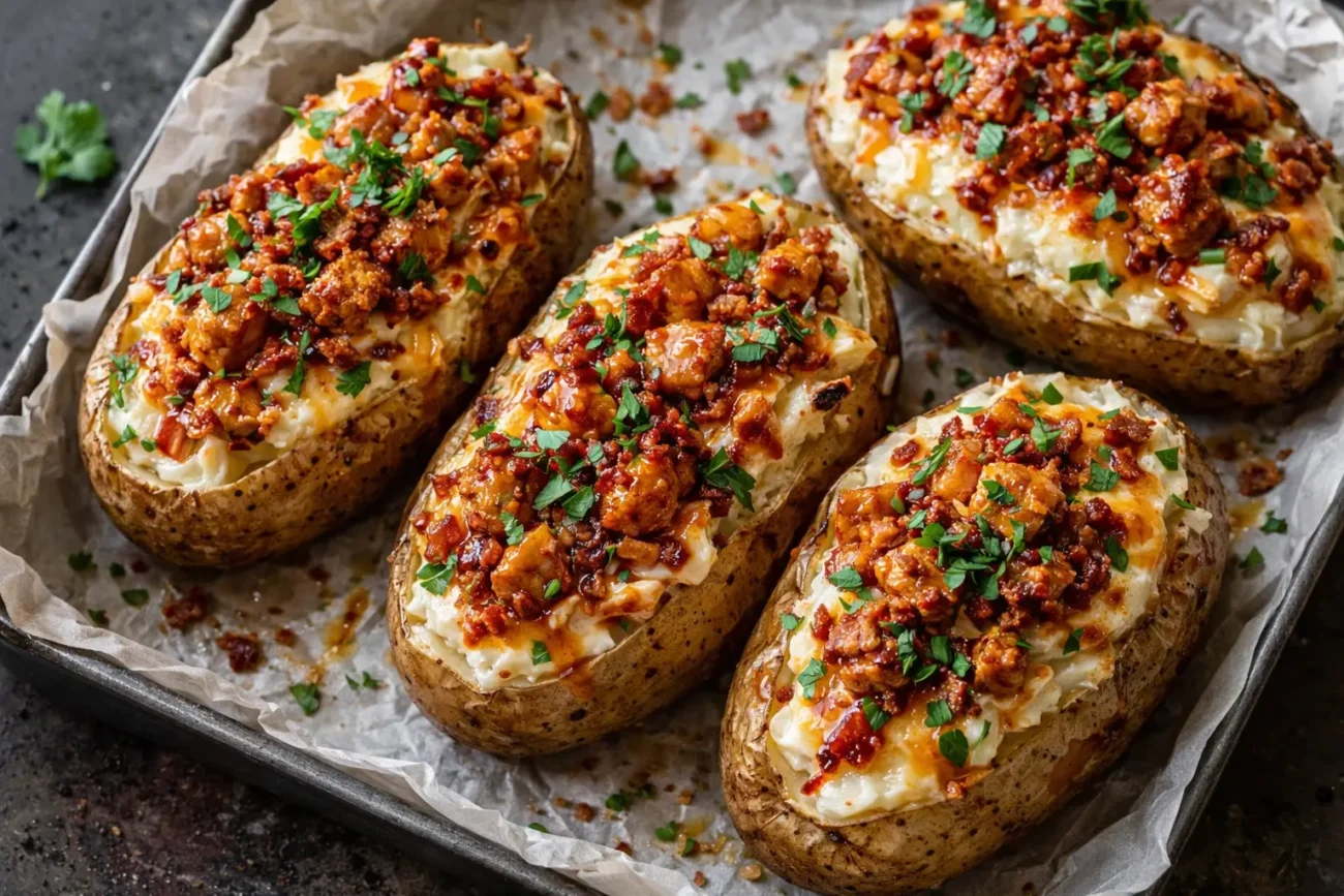 Clean baked jacket potatoes filled with garlic chili chicken, cream cheese, garlic butter, bacon bits, and tram sauce, arranged on parchment in a baking tray under soft natural light.