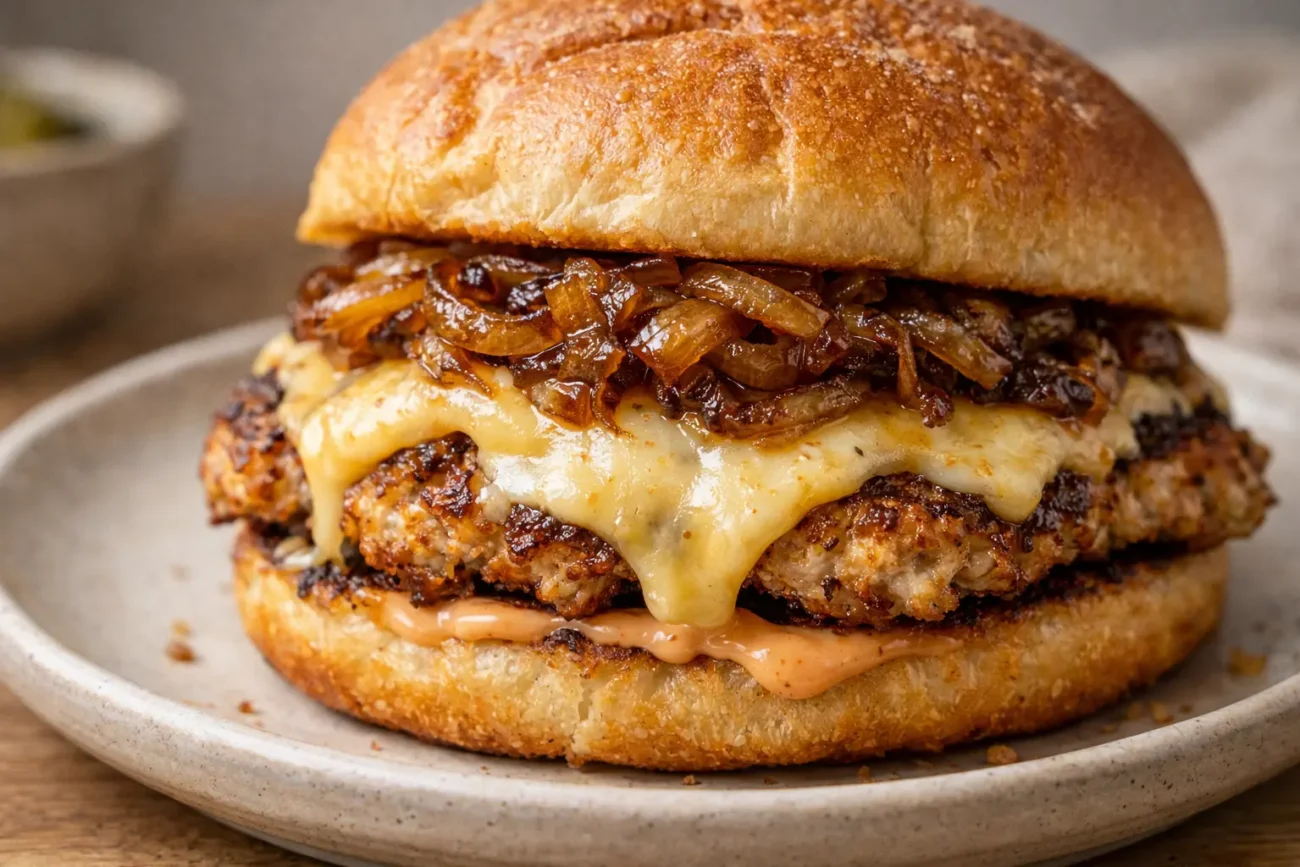 High-protein chicken cheese melt smash burger with crispy smashed chicken patty, melted cheese, buttery caramelized onions, and burger sauce on a toasted bun served on a ceramic plate.