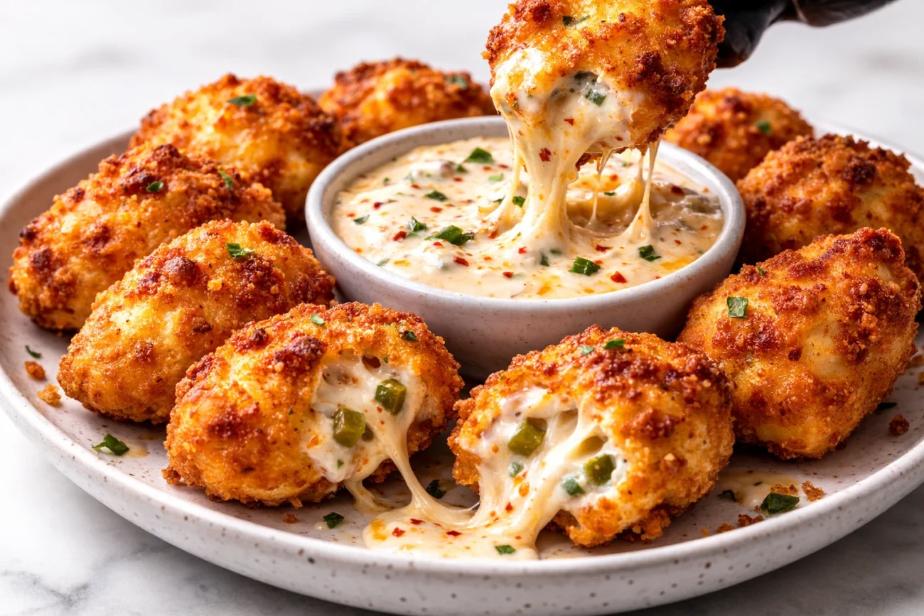 Golden baked jalapeño chicken poppers with a light crispy coating and melted cheese pull, served with creamy ranch dip.