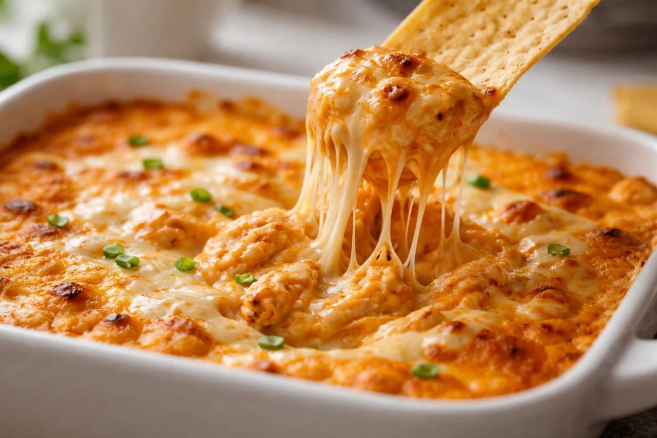 Close-up of creamy buffalo chicken dip with melted cheese pull lifted by a toasted buttered baguette slice, golden and bubbly in white baking dish.