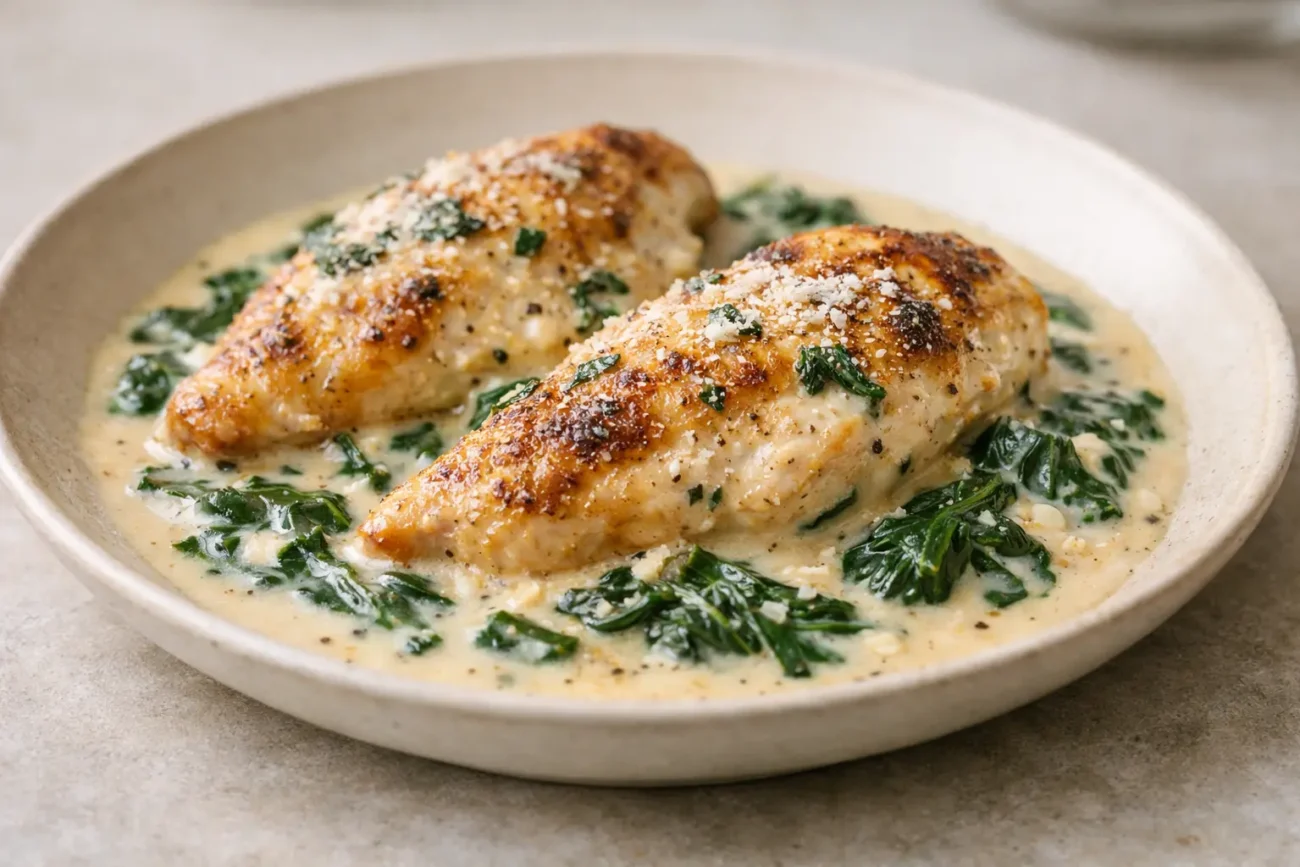 Creamy Tuscan chicken with spinach and parmesan served in a shallow ceramic plate with golden seared chicken in a creamy sauce