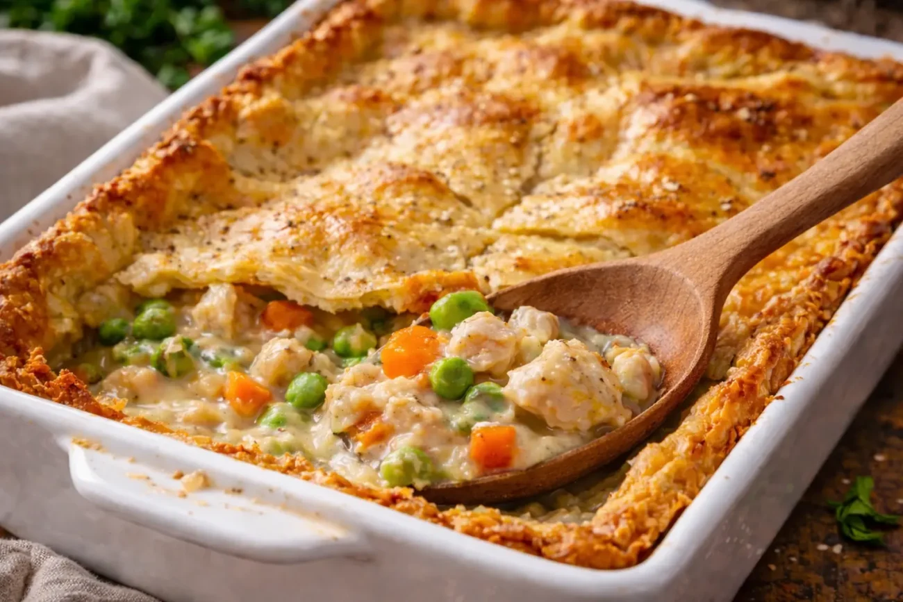 Close-up of creamy chicken pot pie with flaky golden crust and vegetables being served with a wooden spoon