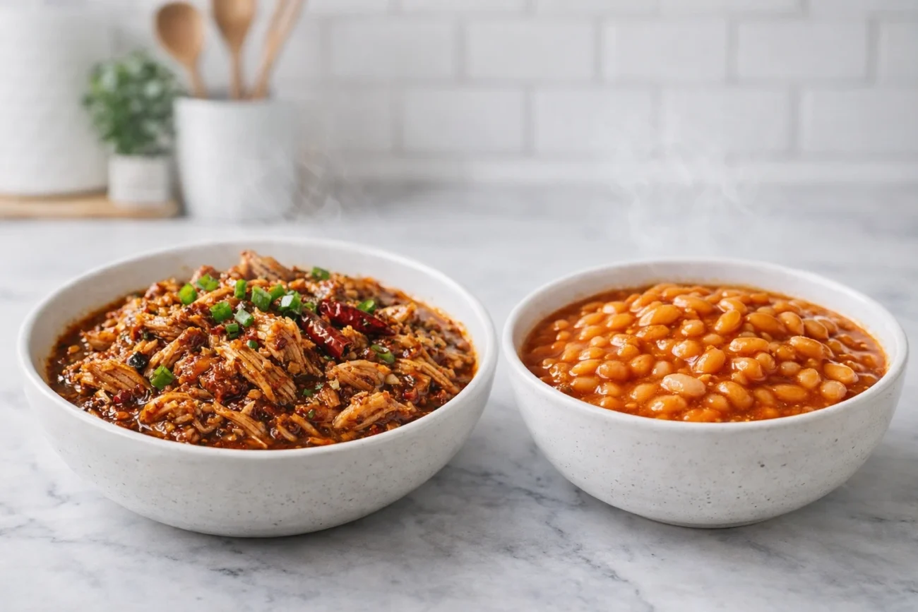Shredded garlic chili chicken gravy served in a white bowl alongside baked beans in tomato sauce, placed on a marble counter in a bright, clean home kitchen with natural light