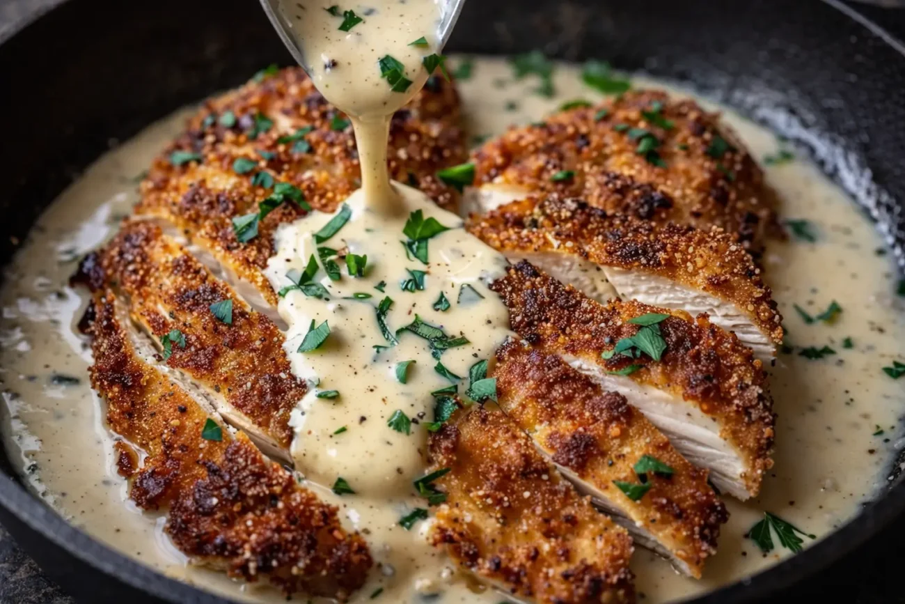 Parmesan crusted chicken with creamy garlic sauce cooked in a skillet.