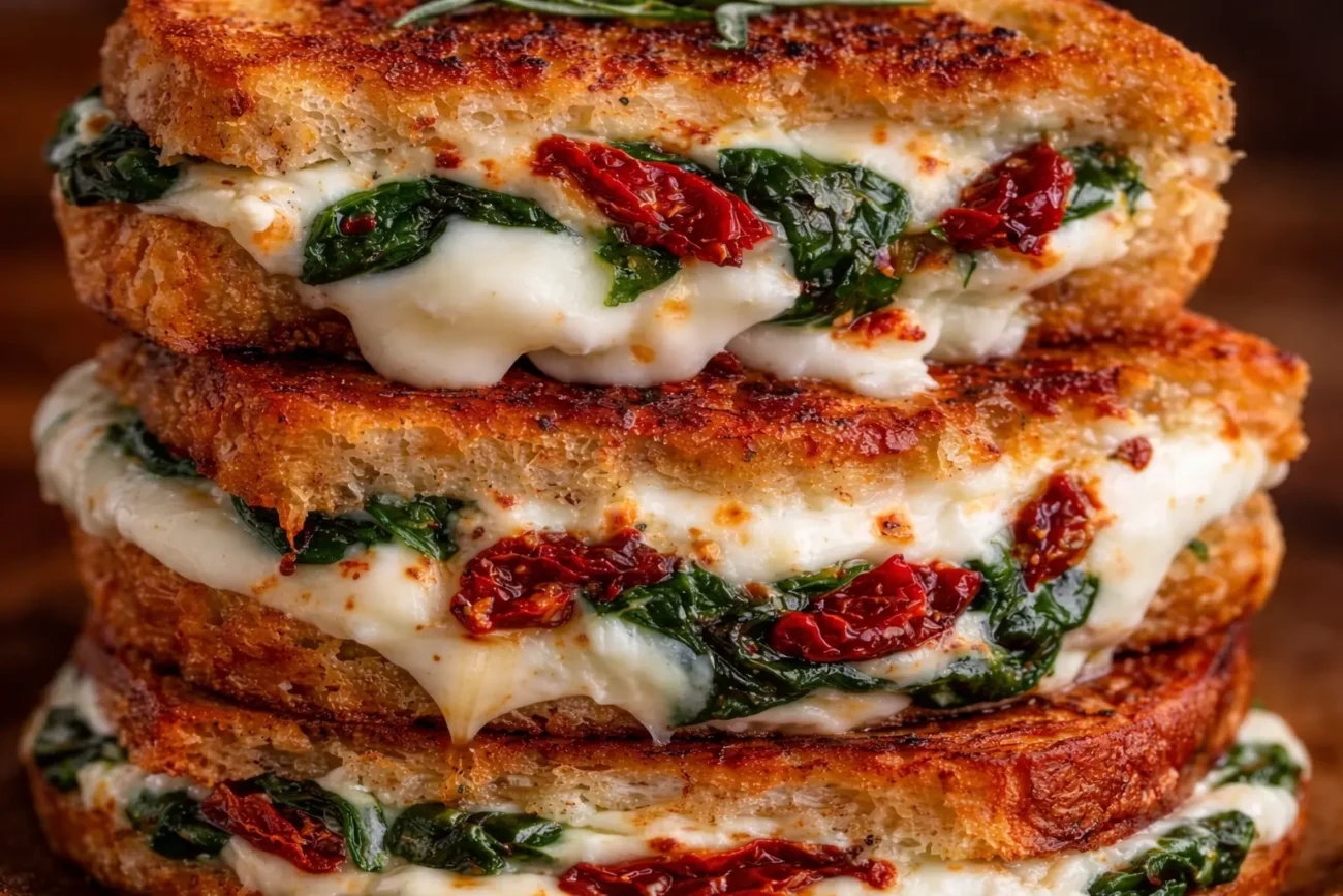 Close-up of a stacked grilled cheese sandwich filled with melted Ricotta, spinach and sun-dried tomatoes on crispy golden bread.