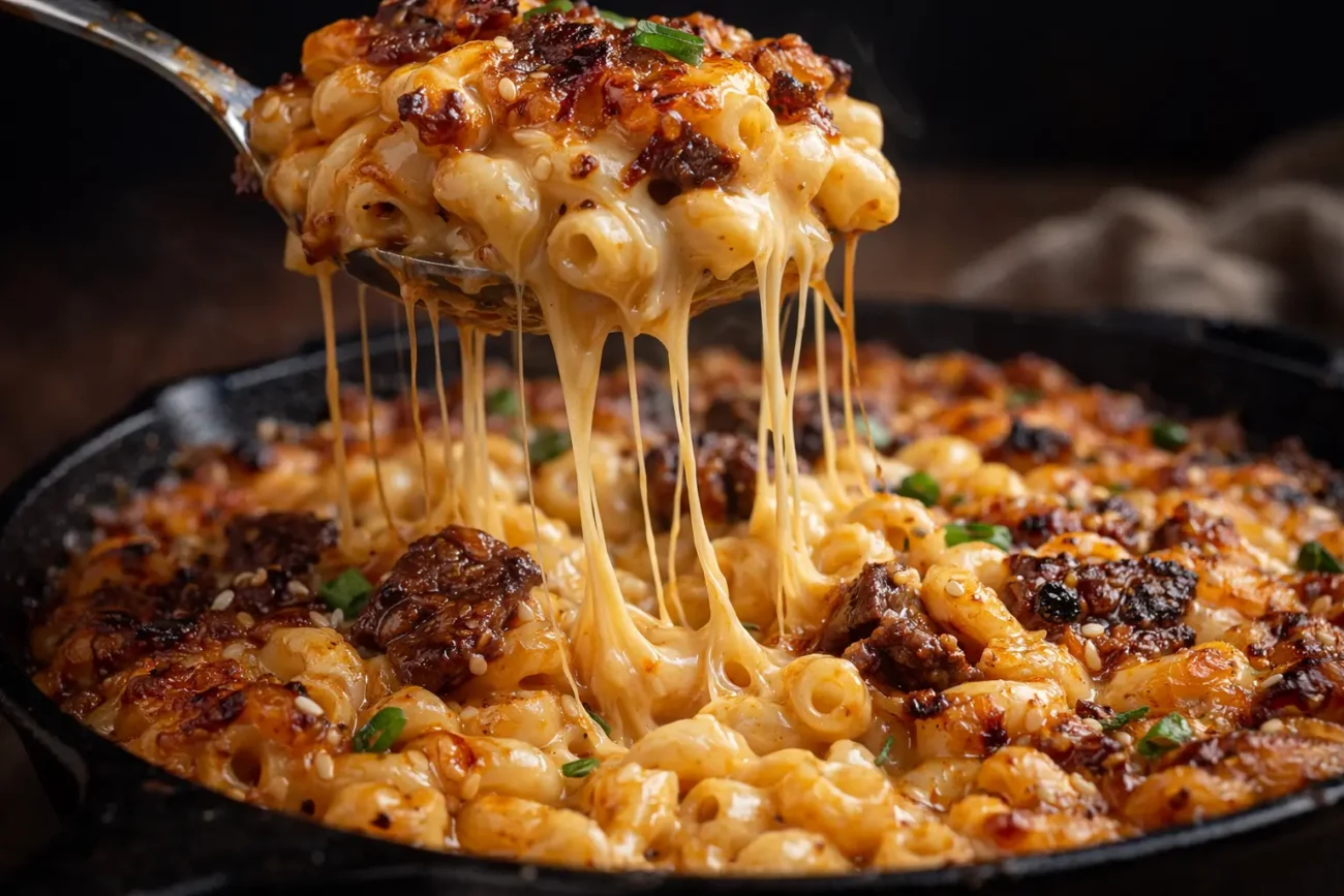 Creamy Korean BBQ mac and cheese with melted cheese pull, caramelized beef, and elbow pasta served in a cast iron skillet in a bright home kitchen.