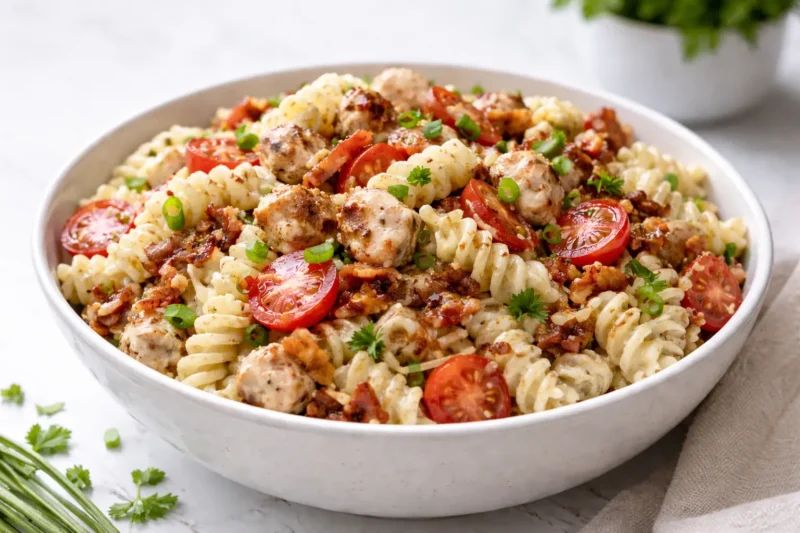 High Protein Chicken Bacon Ranch Pasta Salad Meal Prep