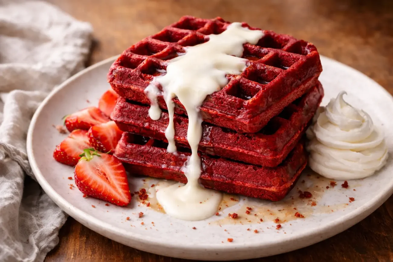 Stack of vibrant red velvet waffles topped with cream cheese glaze, served with fresh strawberries and whipped cream on a white plate.