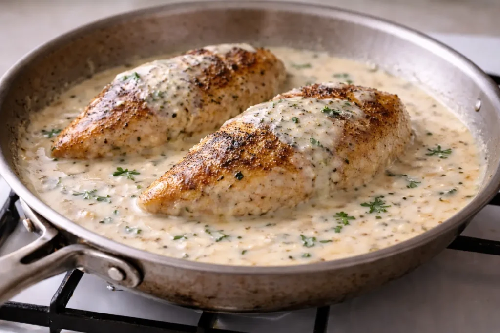 Chicken breasts fully coated in creamy parmesan sauce in a skillet