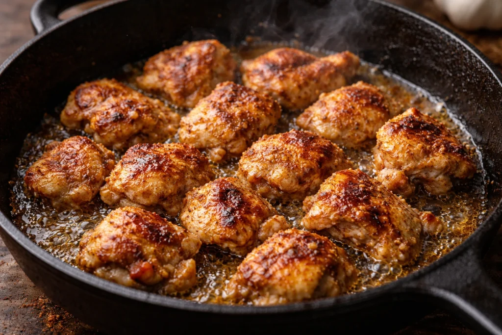 Spiced chicken pieces searing in cast iron skillet with golden brown crust.