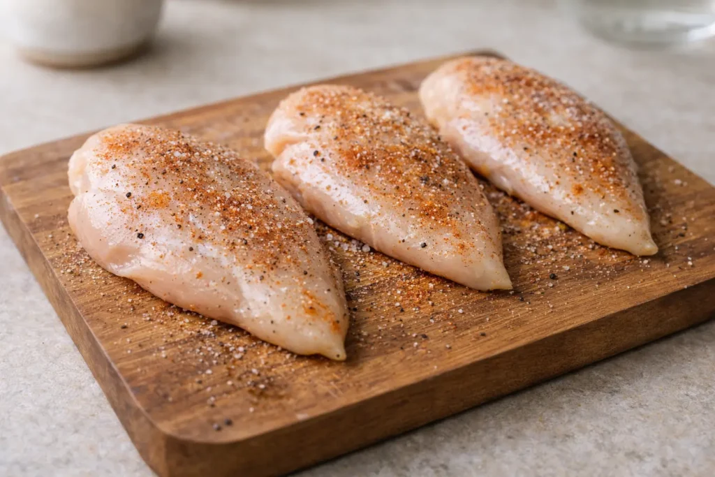 Raw chicken breasts seasoned with salt, black pepper, and paprika on a wooden cutting board