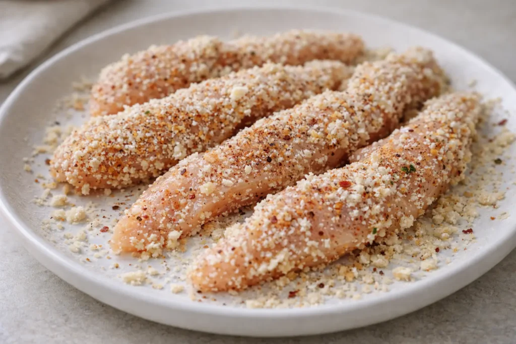 Raw chicken breast strips coated with panko and parmesan seasoning on a white plate.