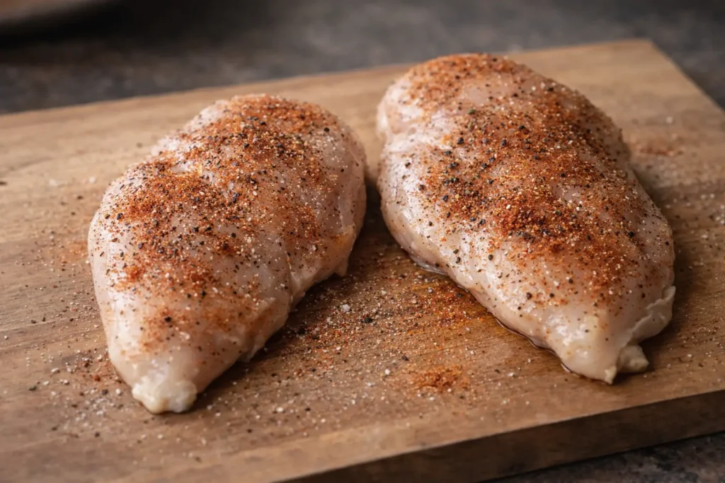 Raw chicken breasts seasoned with salt, black pepper, and paprika on a wooden cutting board, ready for searing.