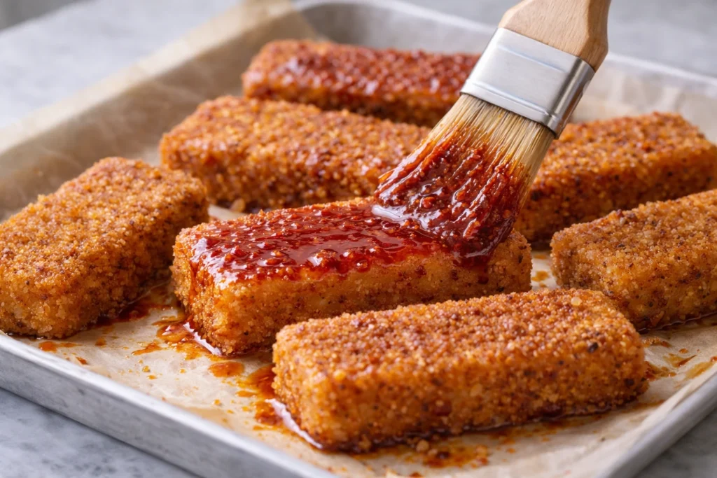 Pastry brush coating fried mozzarella sticks with Nashville hot oil sauce.
