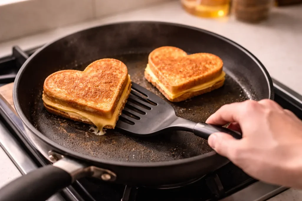 Heart-shaped grilled cheese sandwiches cooking in a skillet with melted cheese oozing out and golden crispy crust