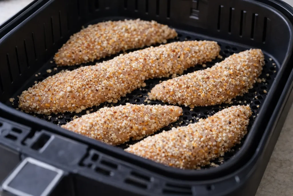 Breaded chicken strips arranged in a single layer inside an air fryer basket.
