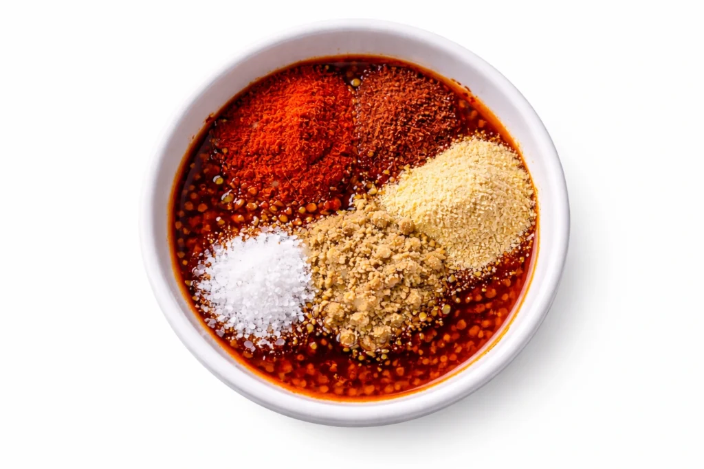 Top view of Nashville hot sauce ingredients in a bowl with chili oil and spices.