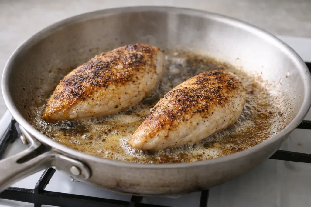 Chicken breasts searing in a skillet with butter forming a golden crust
