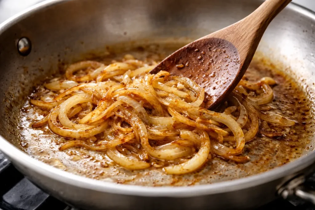 Thinly sliced onions caramelizing in butter in a stainless steel skillet, turning golden brown and glossy.