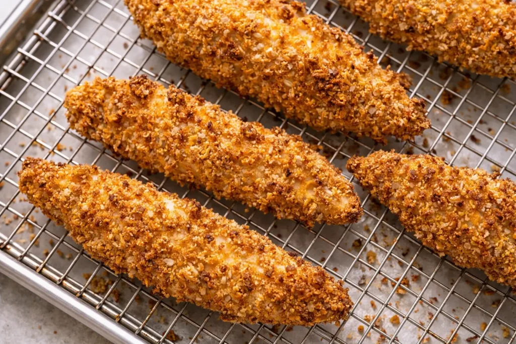 Air fryer crispy chicken strips resting on a wire rack after cooking.