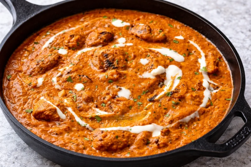 Close-up of creamy butter chicken in skillet with white cream drizzle and herbs.