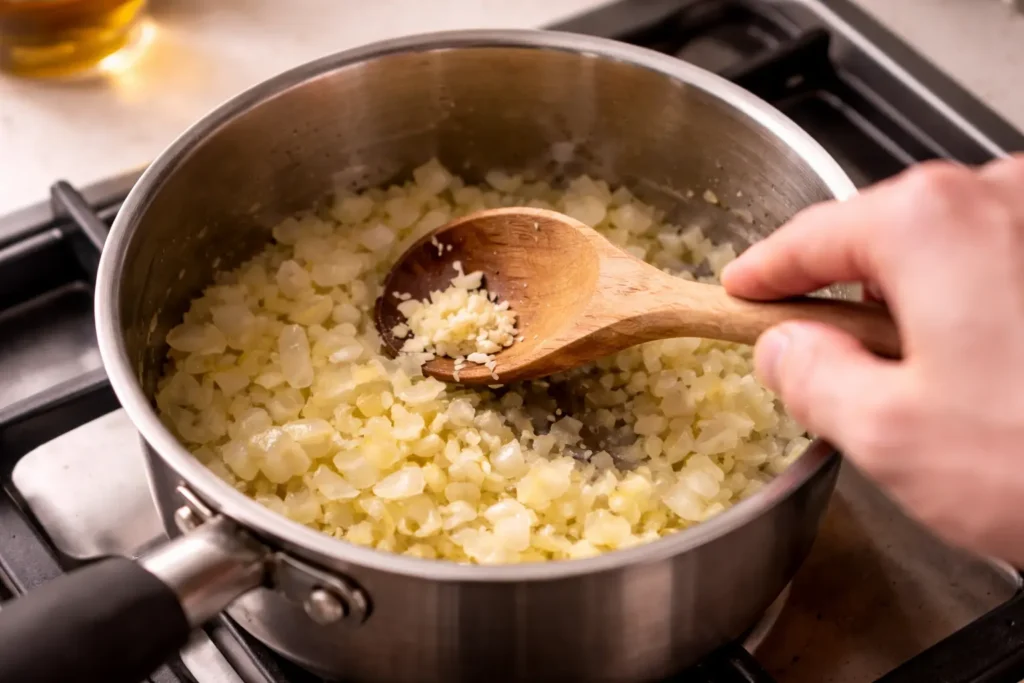 Chopped onions cooking in a saucepan with garlic being added using a wooden spoon