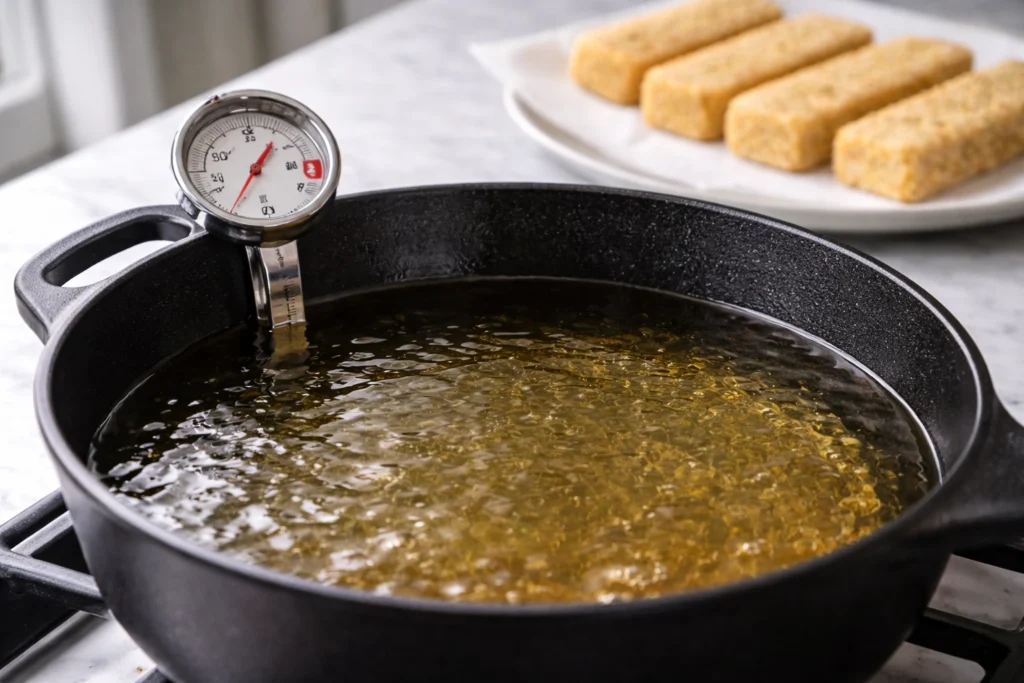 Deep pan with oil heating to 350°F with thermometer for frying mozzarella sticks.