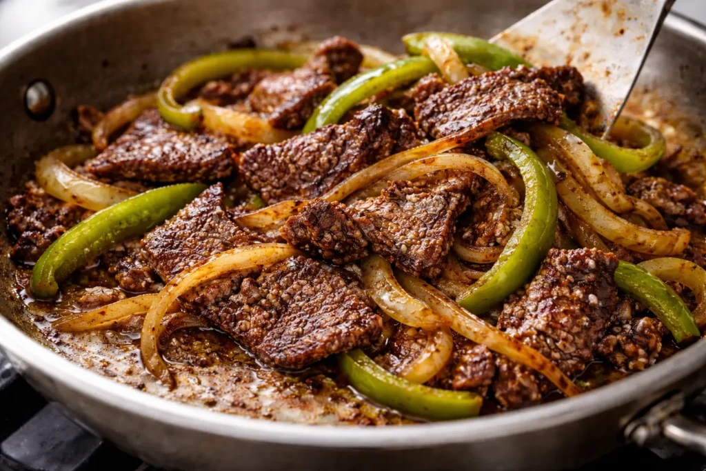 Thinly sliced ribeye steak searing in a skillet with green bell peppers and caramelized onions, showing charred edges and browned fond.