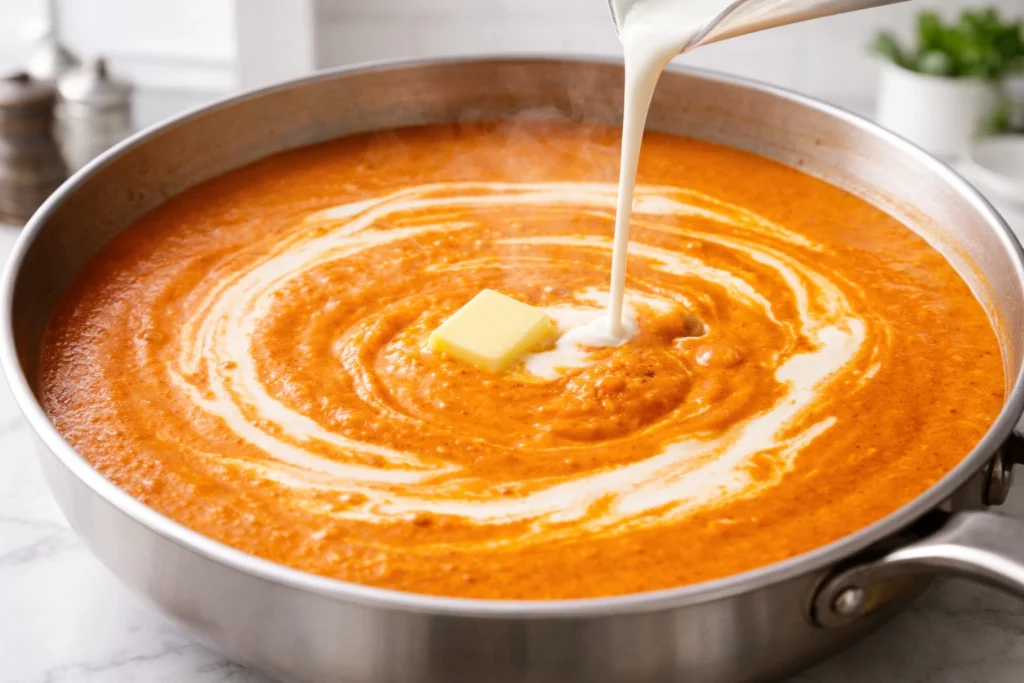 Fresh cream being poured into simmering orange butter chicken sauce with butter melting in center. Title Text: