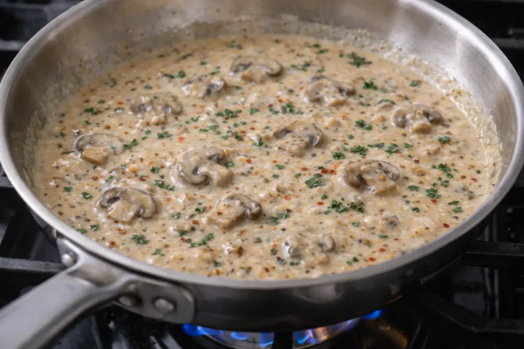 Creamy mushroom sauce simmering in a skillet on the stovetop.