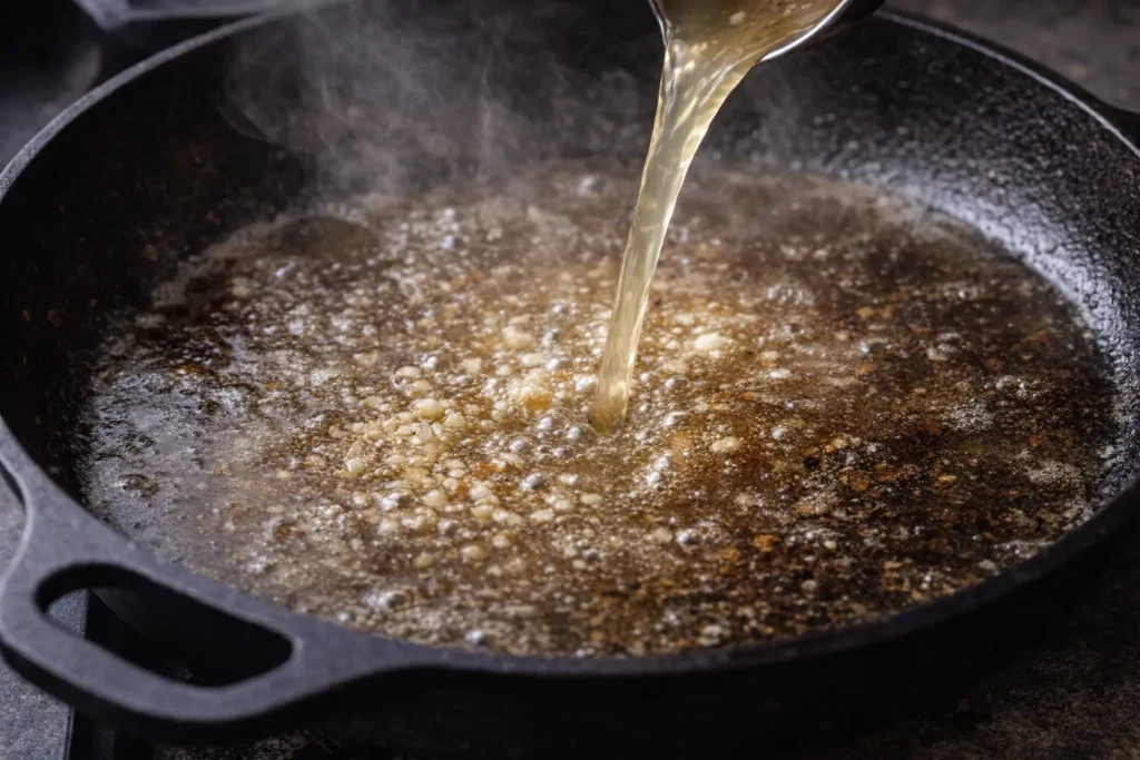 Chicken broth deglazing a skillet with browned bits from seared chicken.