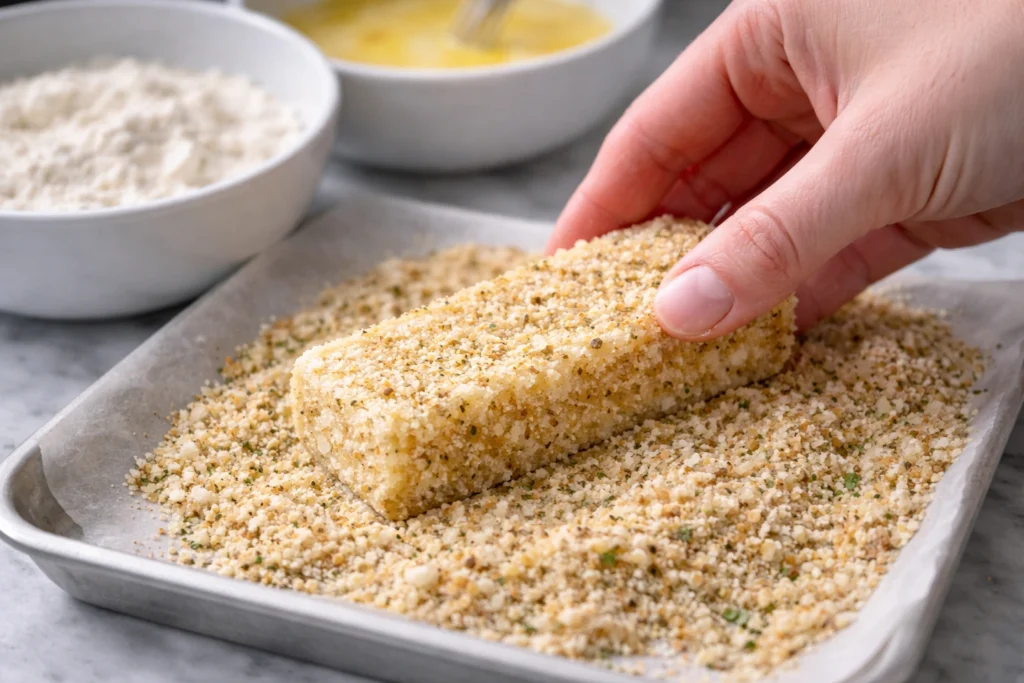 Hand coating a brick-shaped mozzarella stick in seasoned breadcrumbs.