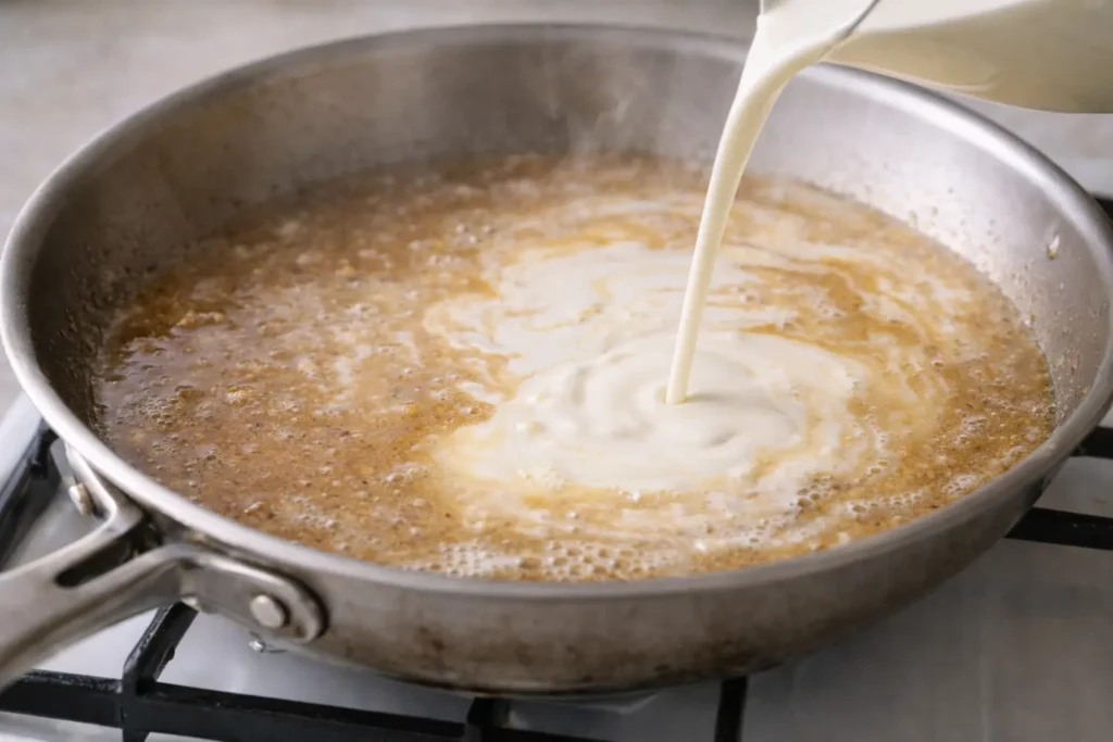 Cream being poured into a skillet sauce turning it creamy and smooth