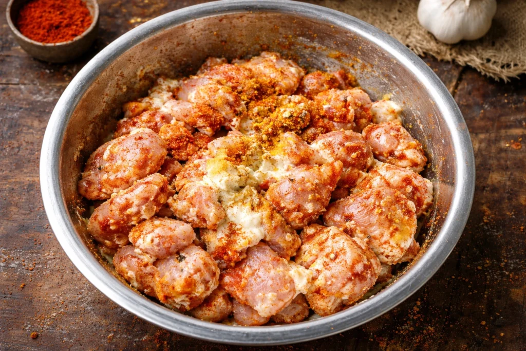 Raw chicken pieces marinating with yogurt, garlic, and Indian spices in a metal mixing bowl on rustic wooden surface.