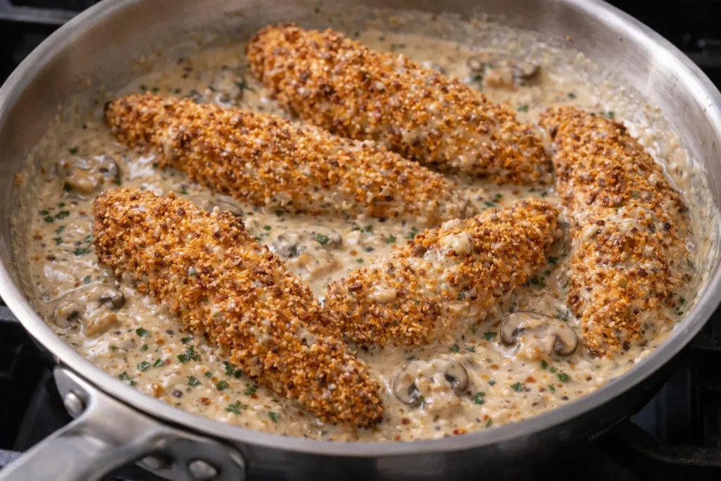 Crispy chicken strips added to creamy mushroom sauce in a skillet.