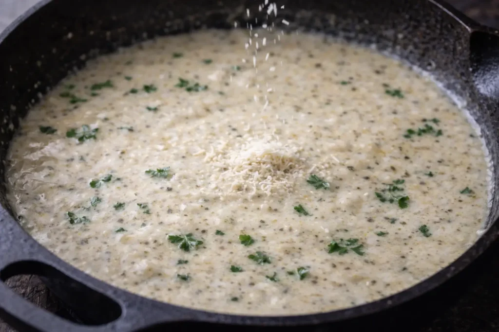 Parmesan cheese melting into creamy garlic sauce in a skillet with chicken.